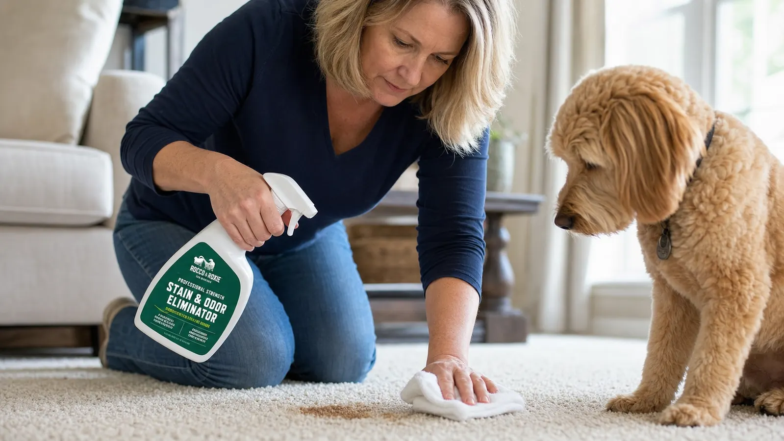 Rocco and Roxie Extreme Stain and Odor Eliminator bottle being sprayed directly onto a carpet urine stain