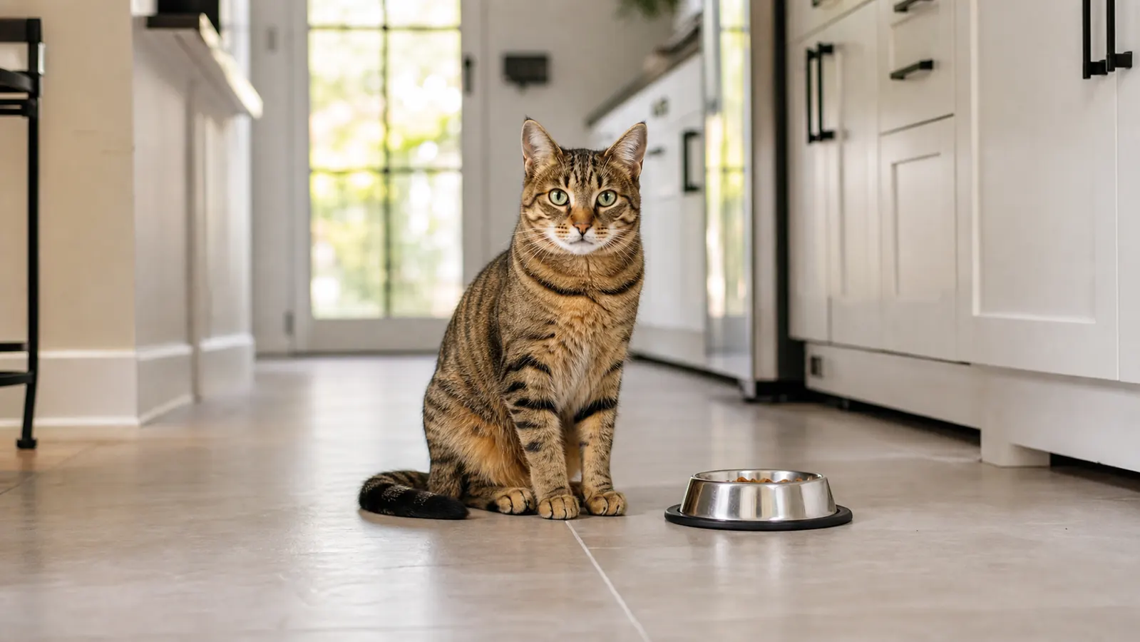 Cat sitting calmly near a freshly cleaned hardwood floor, enzyme cleaner bottle visible in background