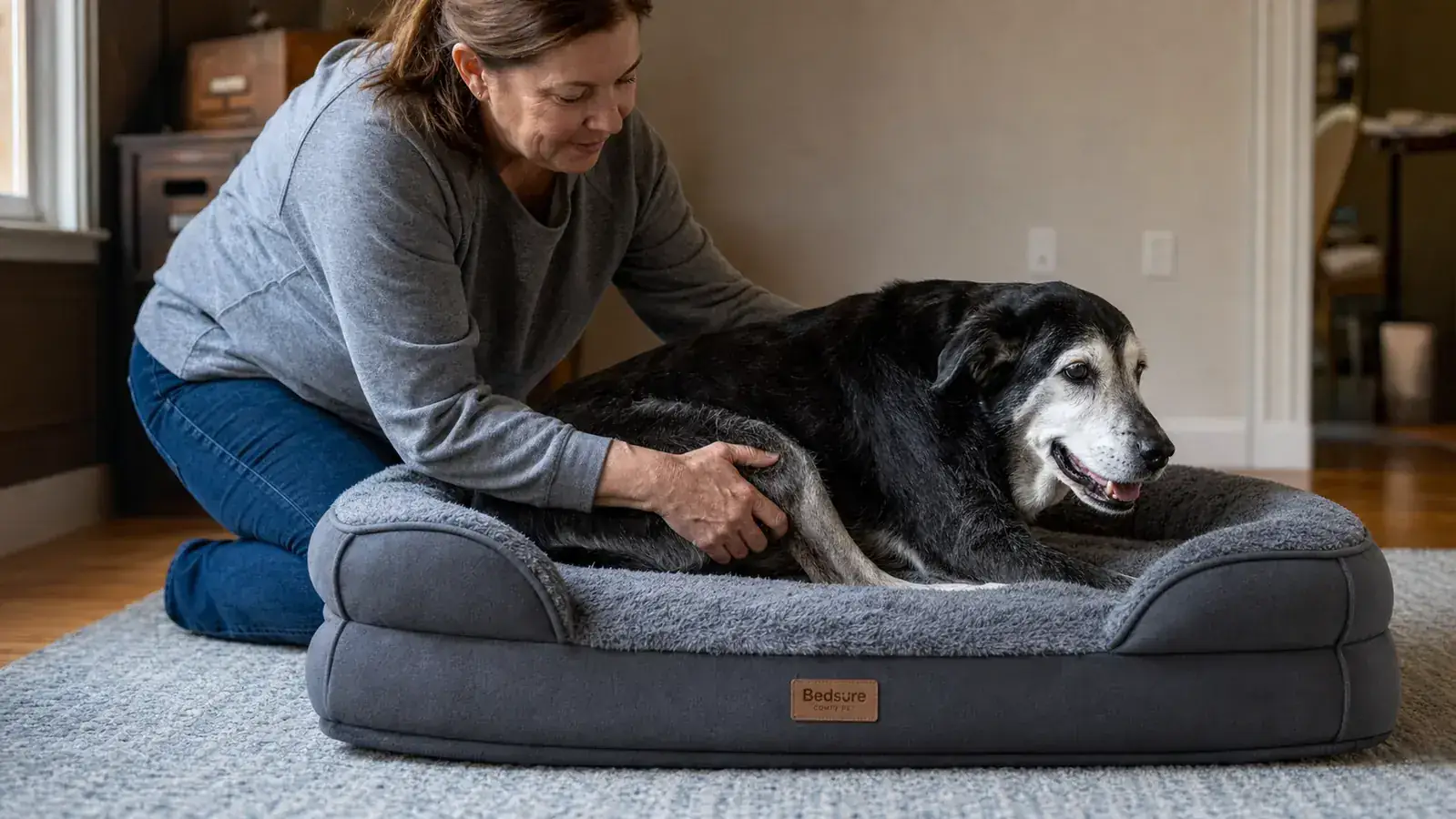 Dog bed cover being removed and placed in a washing machine