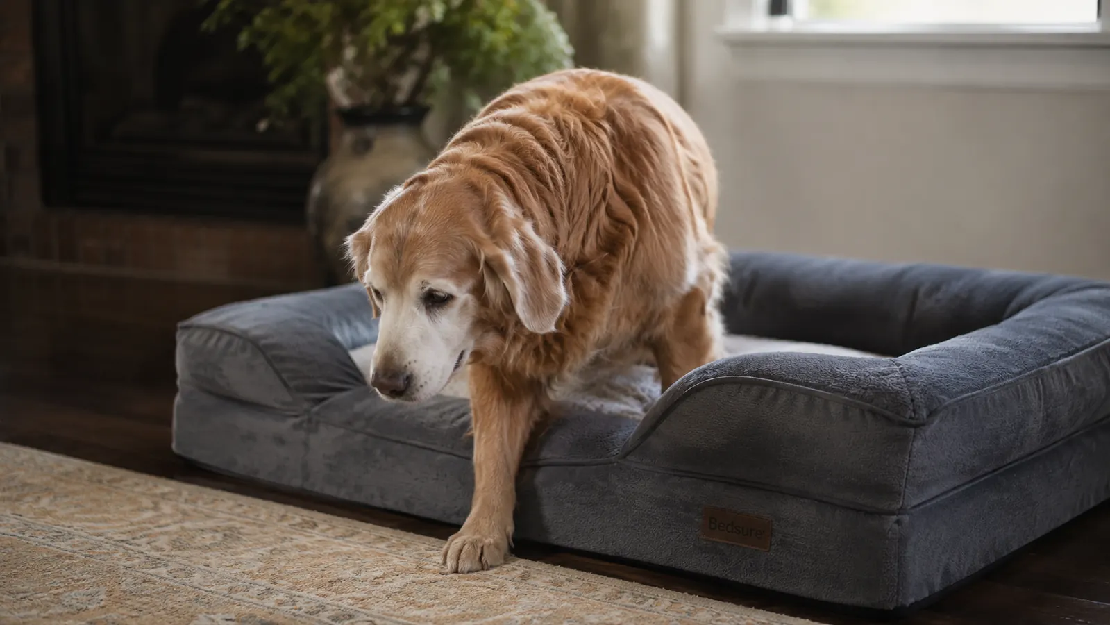 German Shepherd struggling to stand up from a thin flat dog bed on a hardwood floor