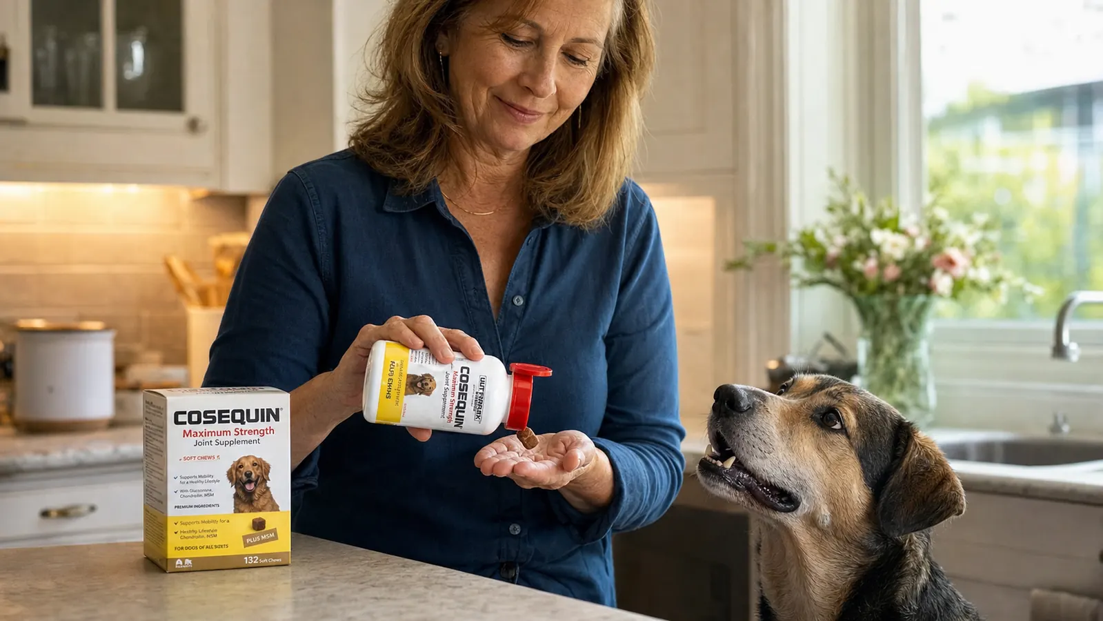 Woman's hand offering a chewable tablet to a Greyhound from an open palm