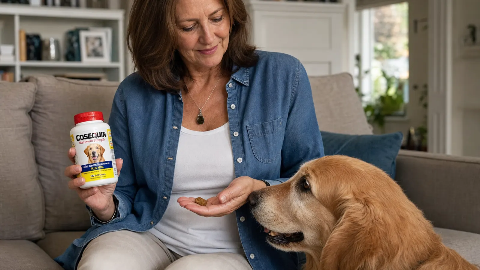 Close-up of a Cosequin chewable supplement being held between two fingers above a dog food bowl
