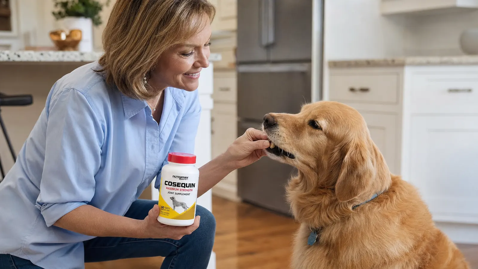 Hand holding a Cosequin soft chew over a dog's food bowl filled with kibble