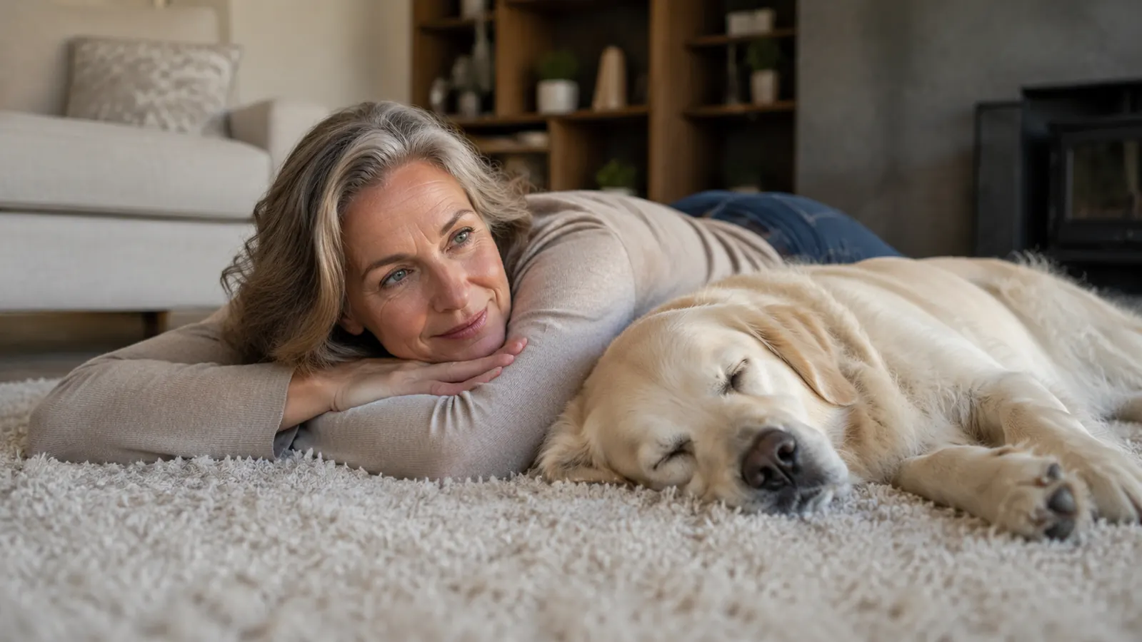 Clean dry carpet with a dog lying comfortably nearby, no visible stains