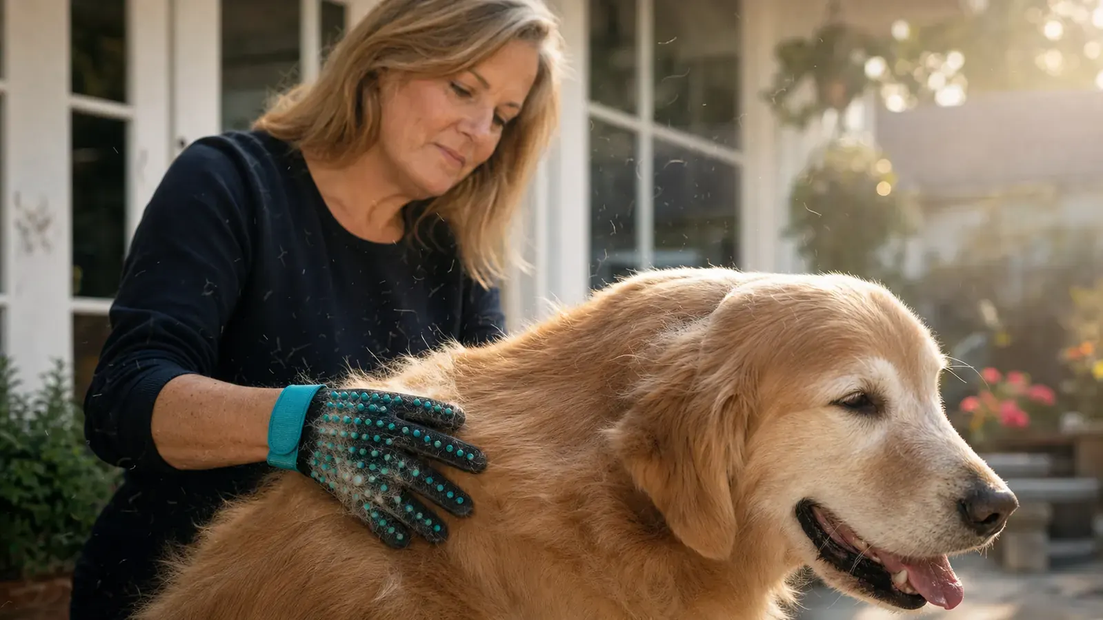 Double-sided Pat Your Pet deshedding brush held over a pile of collected dog fur on a hardwood floor