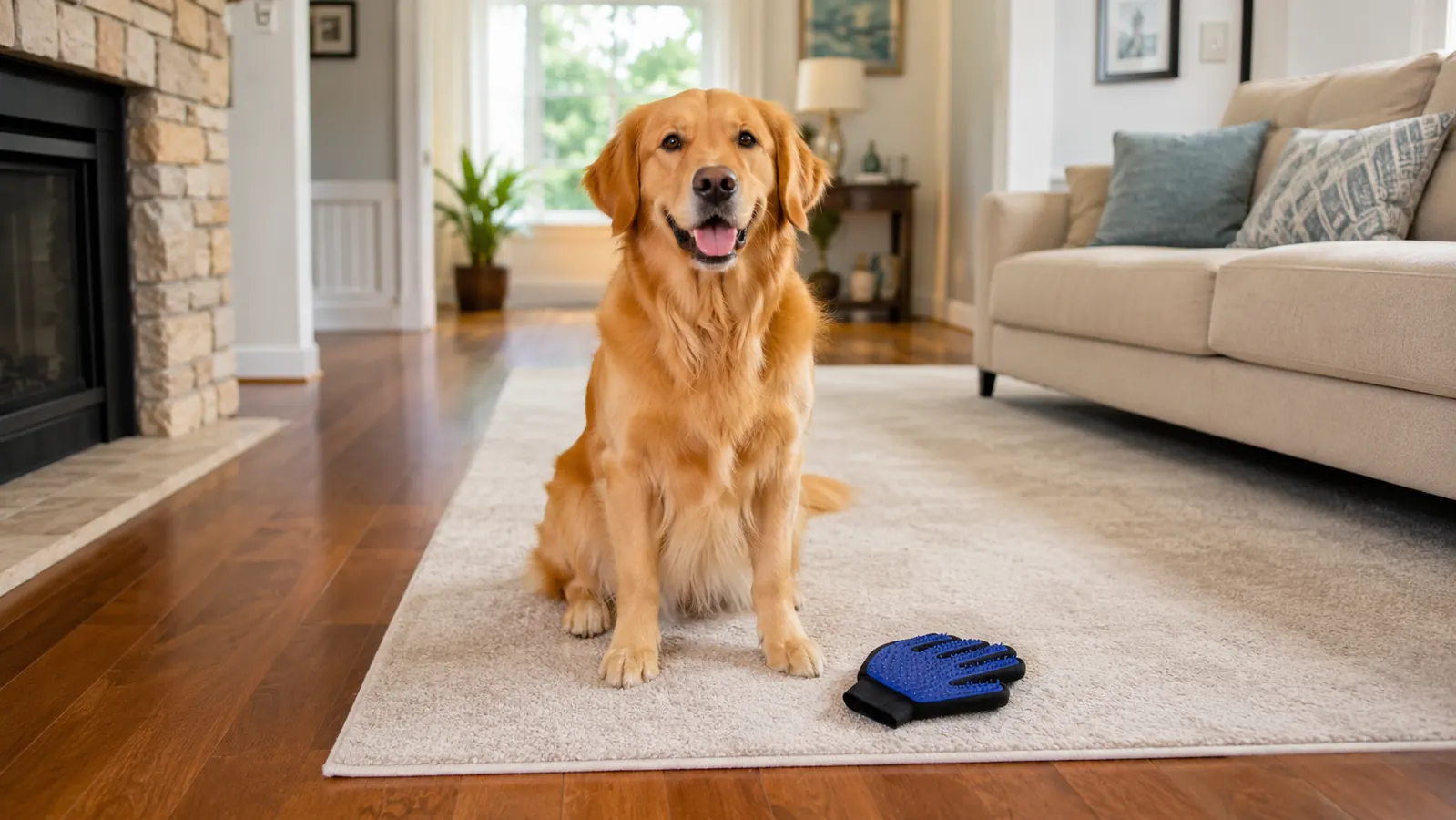 A before-and-after view of a dog bed, left side covered in visible fur, right side freshly vacuumed and clean