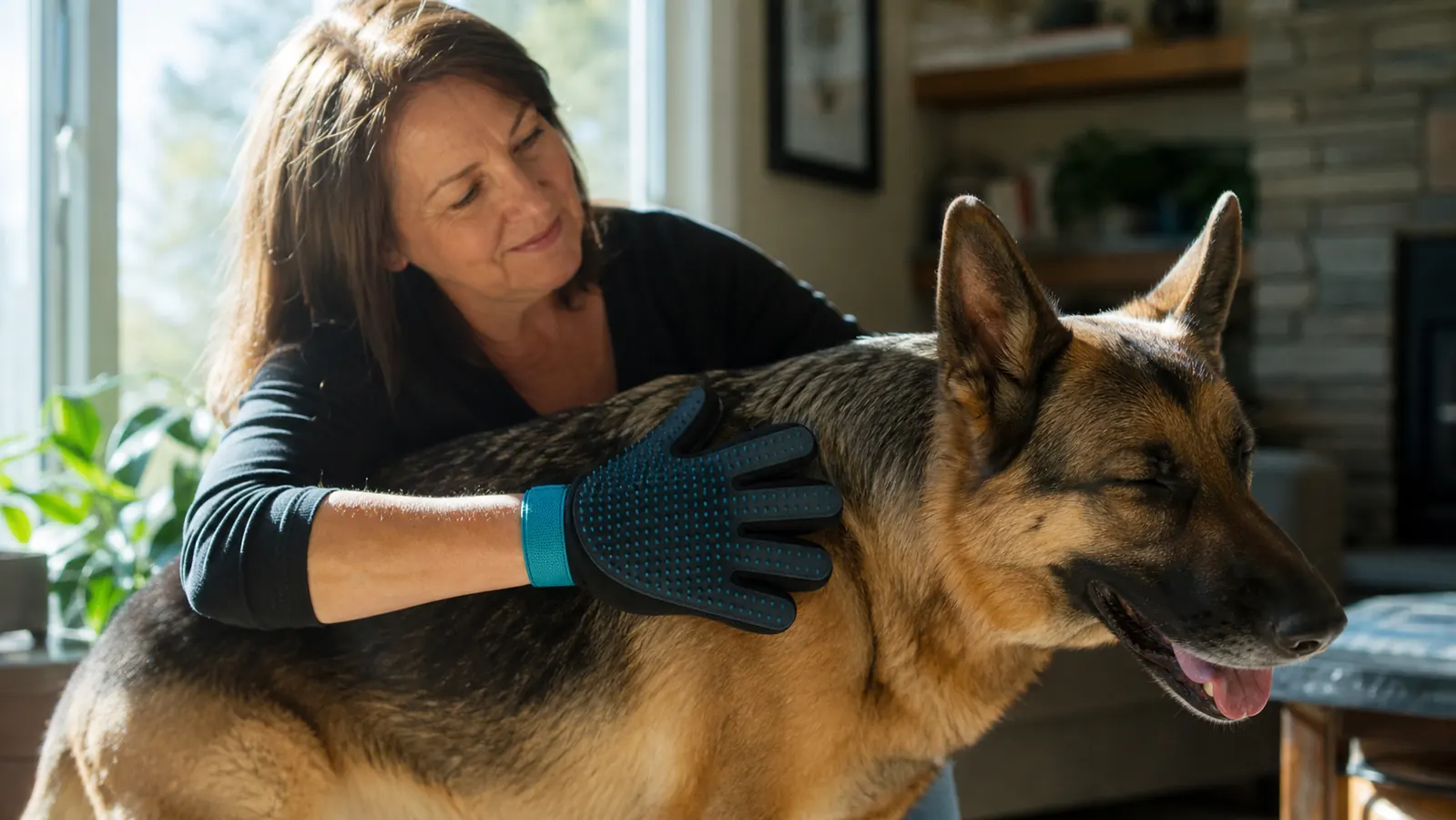 Close-up of a double-sided pet brush pulling a large clump of undercoat fur from a Husky