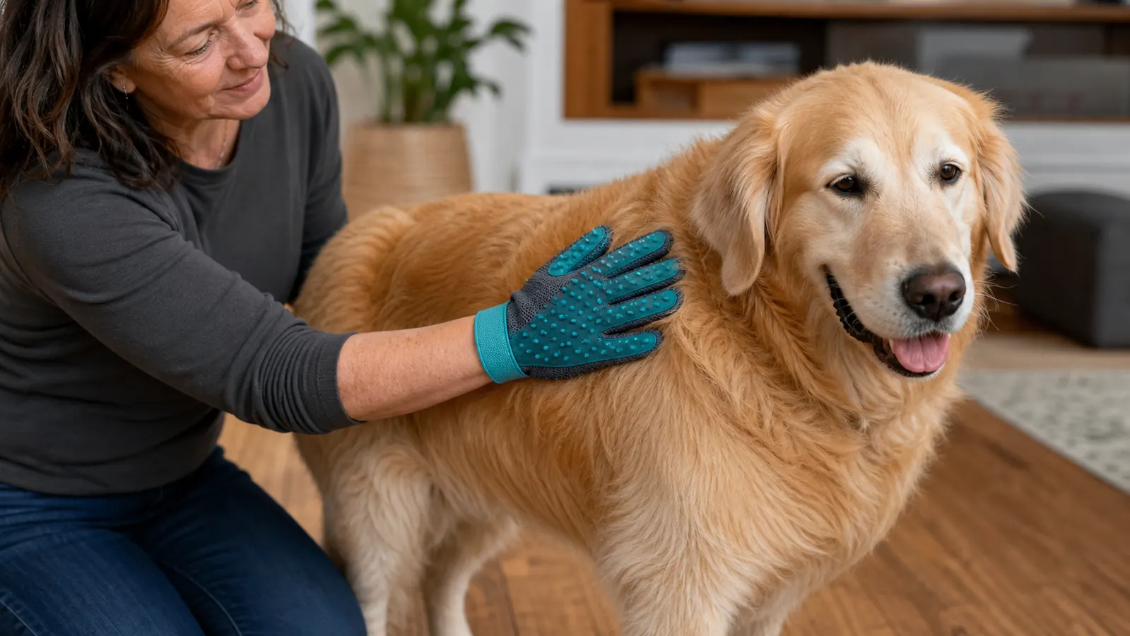 Hand using the Pat Your Pet double-sided brush on a Husky's thick back coat outdoors