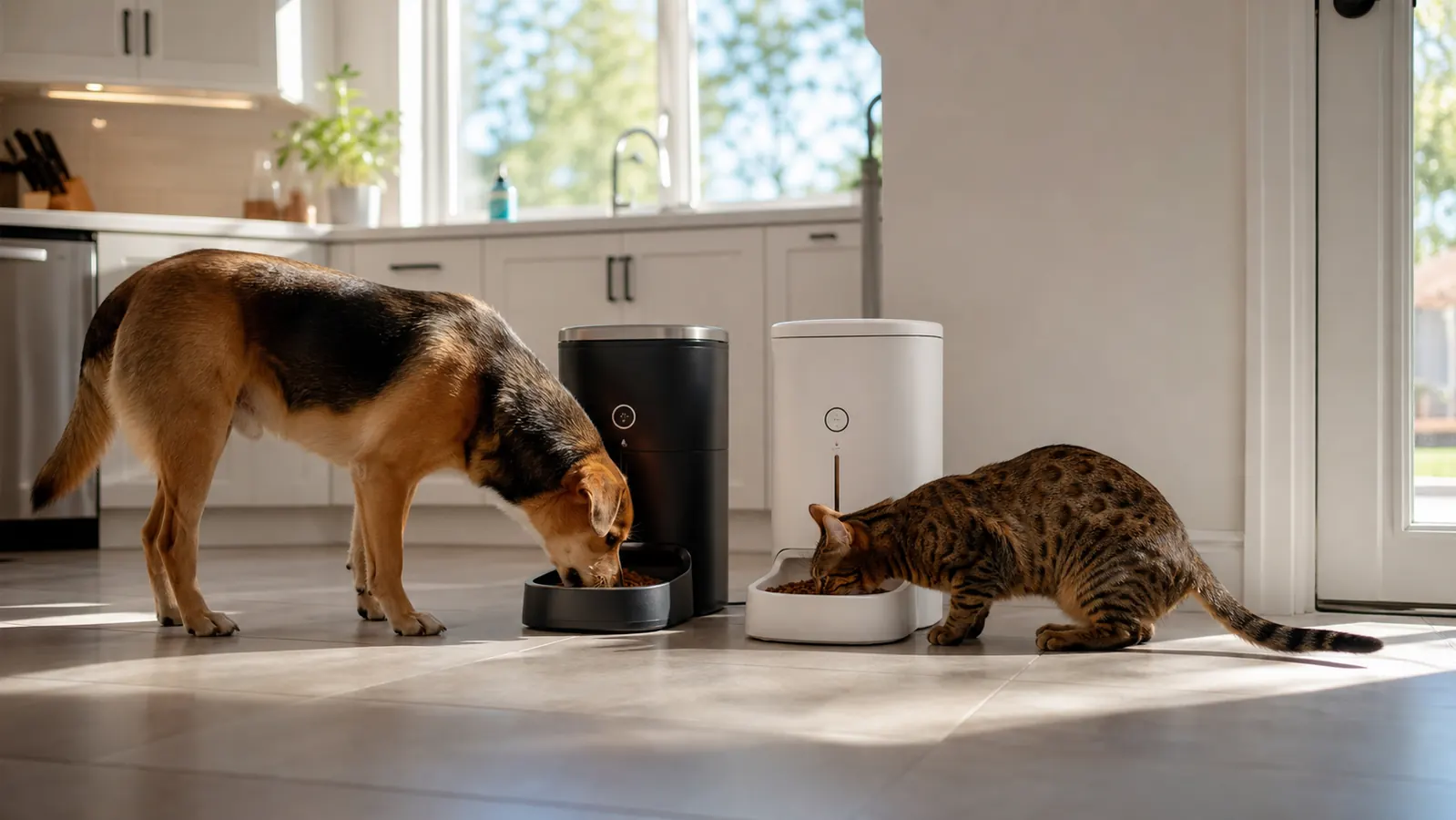 Two cats eating from separate bowls on a kitchen floor, illustrating why one feeder cannot serve two cats with different dietary needs