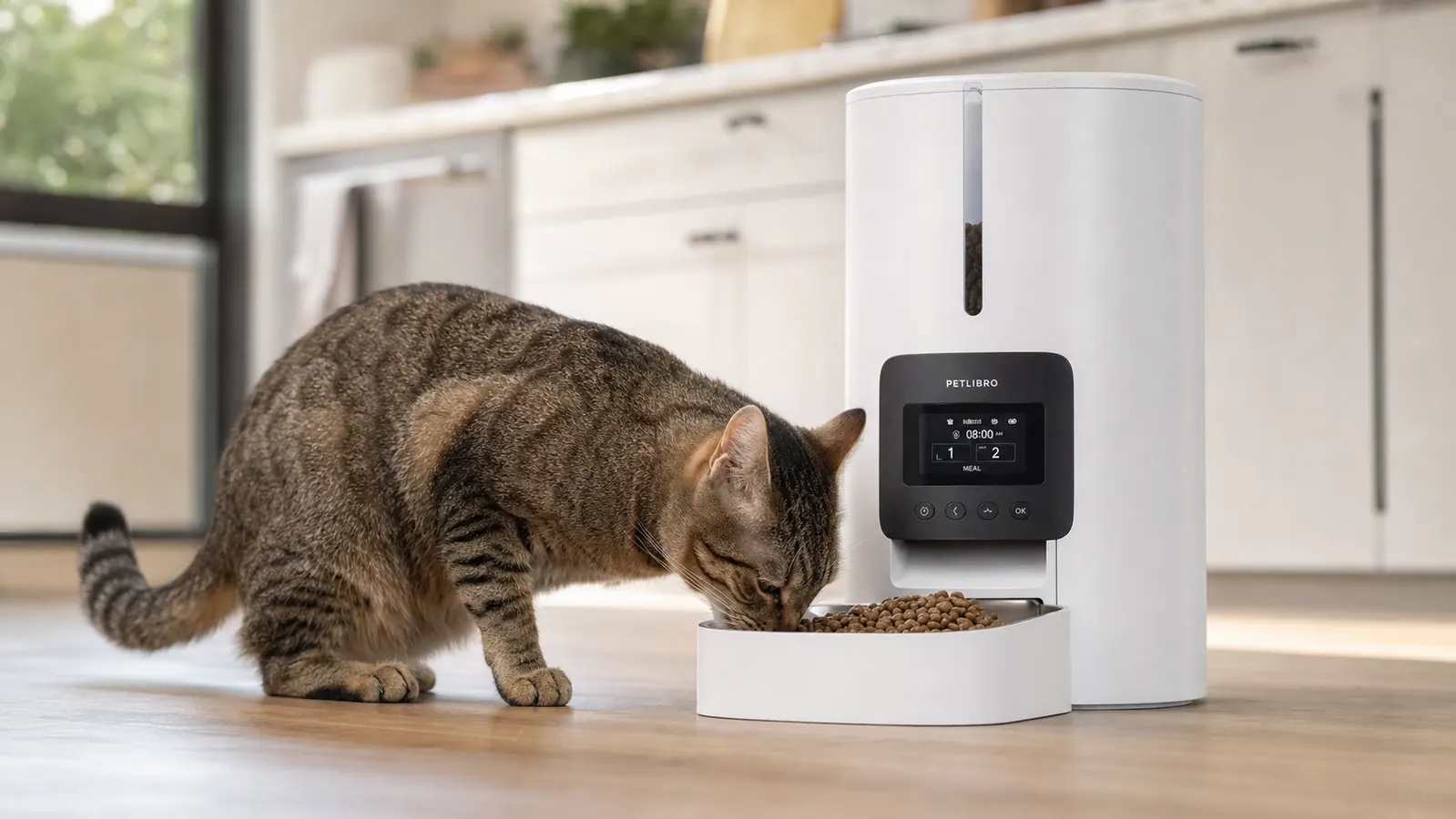 Hand adjusting portion setting on the PETLIBRO automatic feeder with dry cat kibble visible in the hopper