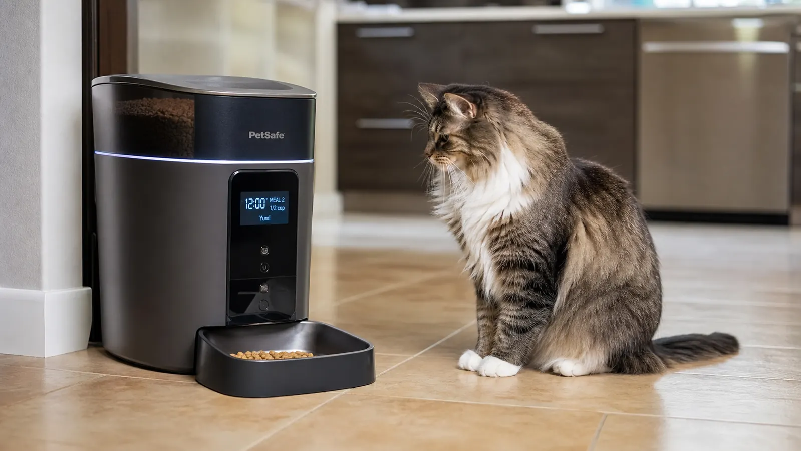 Person checking a pet feeder app on their phone while a cat eats from the feeder in the background