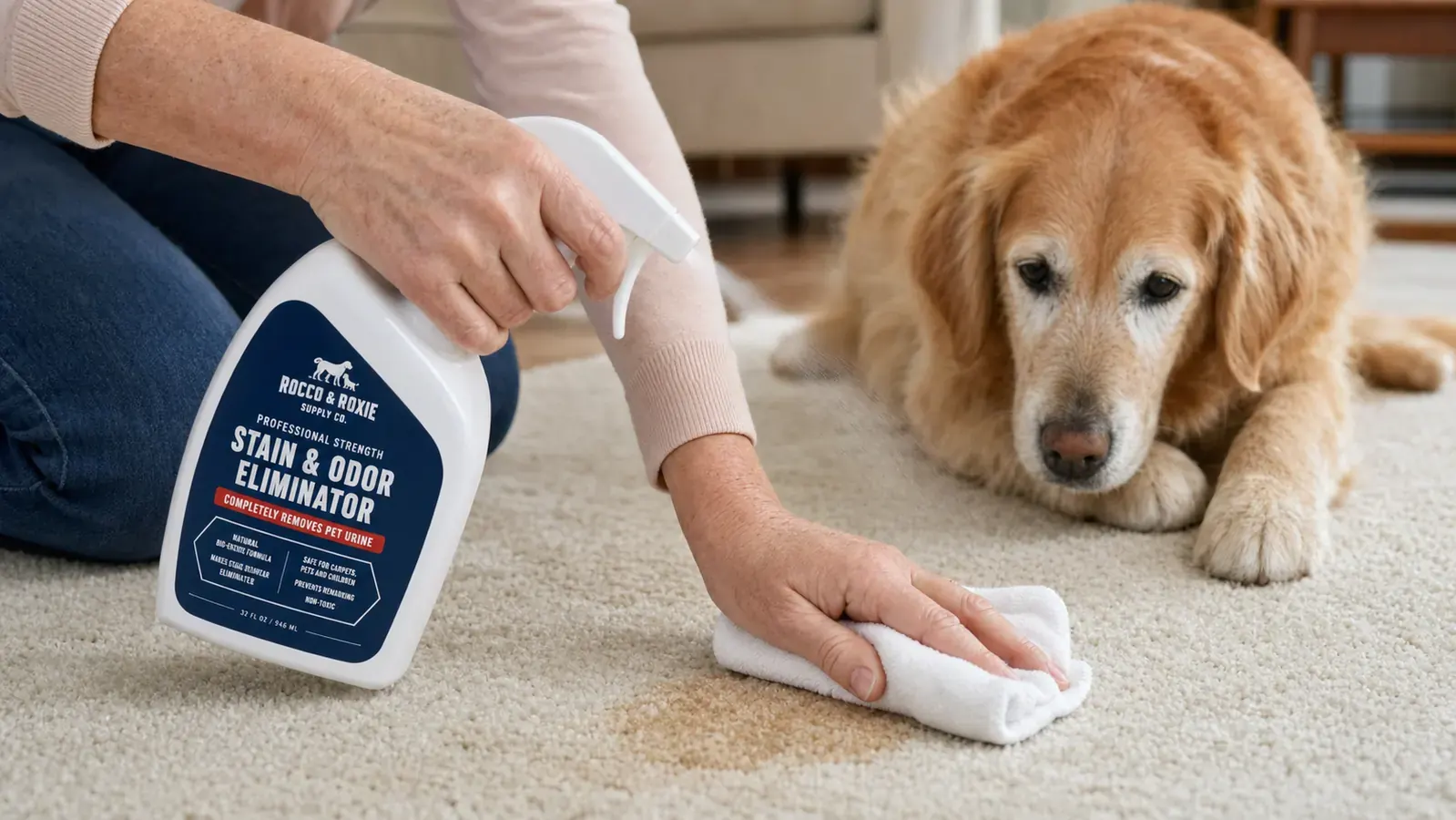 Hands spraying Rocco and Roxie cleaner onto a carpet stain near a pet bed